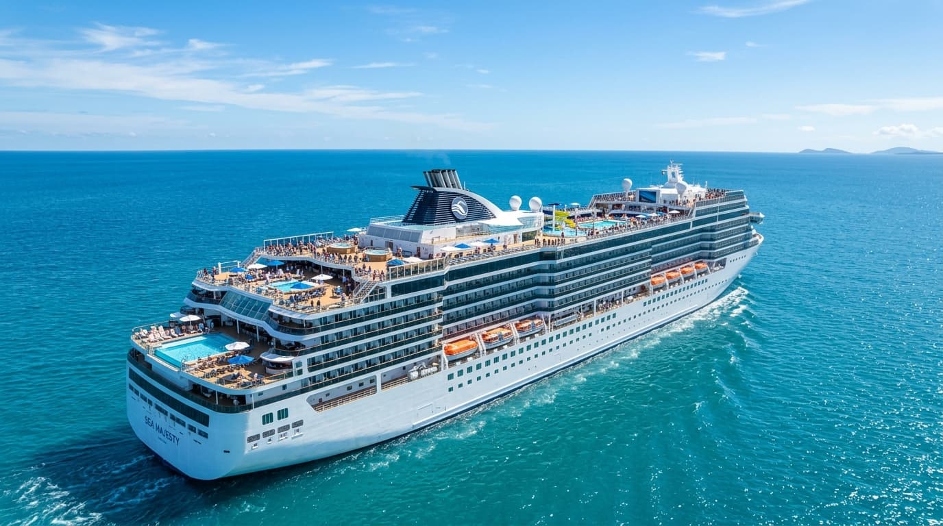 Navio de cruzeiro navegando em alto-mar sob céu azul