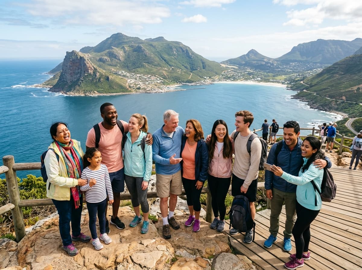 Grupo de viajantes e família celebrando férias juntos em mirante cênico