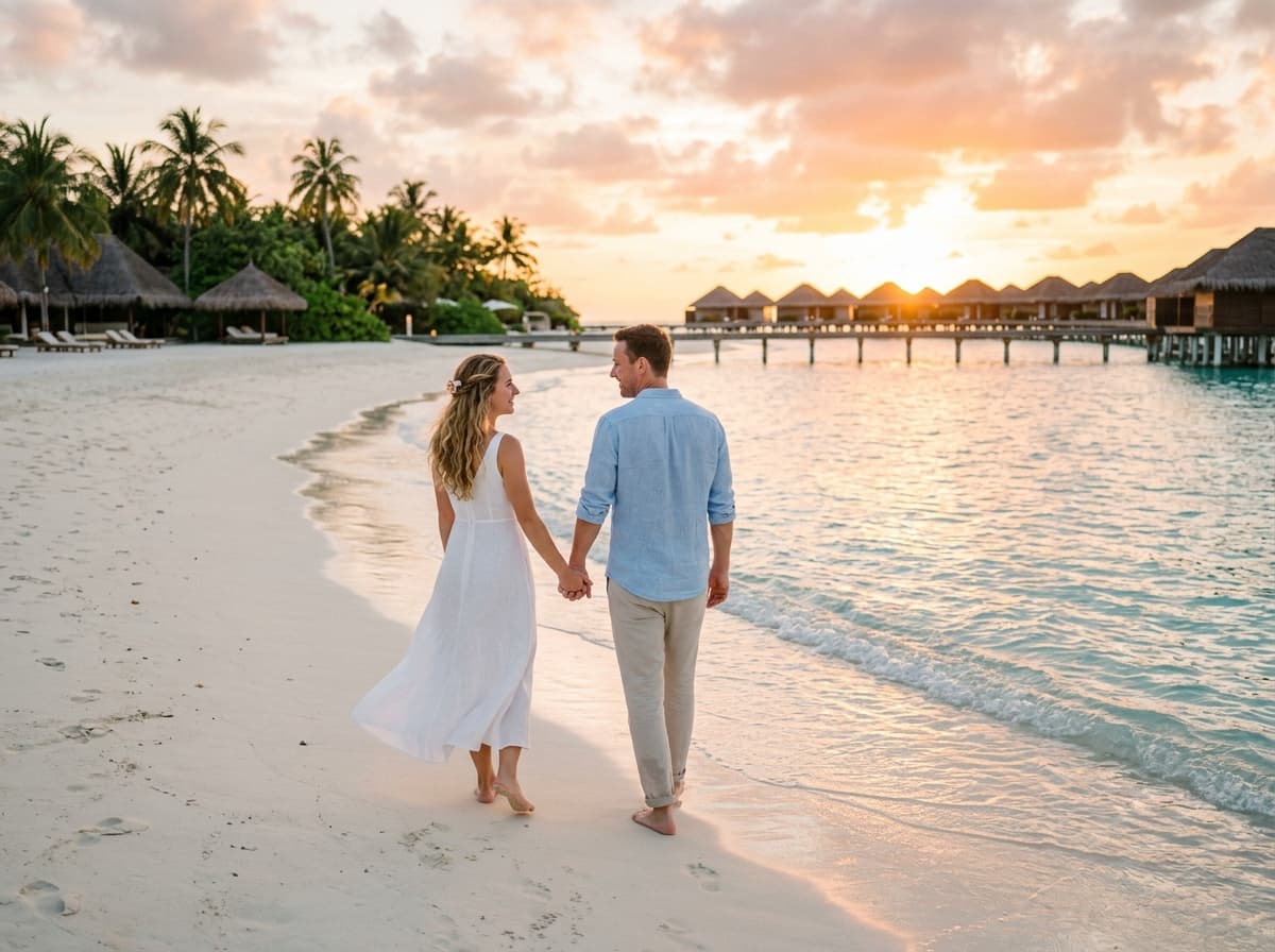Casal em resort à beira-mar durante lua de mel romântica